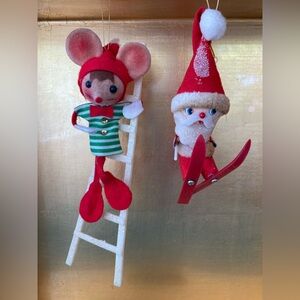 Vintage MCM Ornaments. Santa Skiing and Flocked 1960s Mouse Climbing Ladder